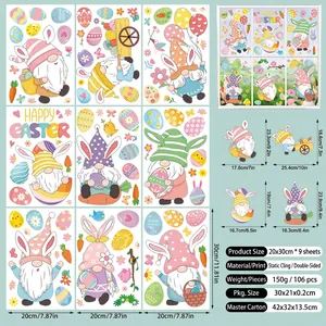 Detailed size chart for Easter window clings showing 9 sheets with 106 stickers