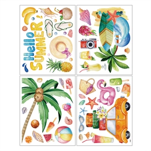 Watercolor summer beach static stickers set featuring palm trees and tropical fruits