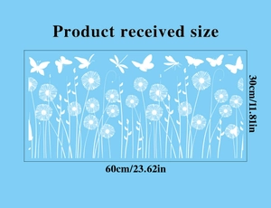 Layout diagram of white dandelion and dragonfly window stickers measuring 60x30cm