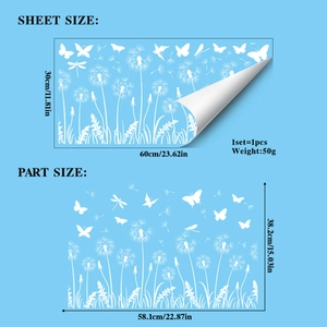 Detail view of white butterfly dandelion static window decals with sheet and part size dimensions