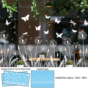 Detail of white dandelion and butterfly window decals set with size specifications