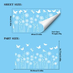 Detailed size specifications for white dandelion wall stickers measuring 30x60 cm
