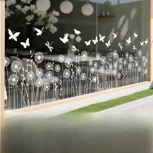 White dragonfly and dandelion static window stickers showing layout and size dimensions