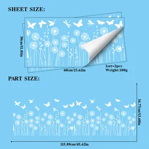 Size chart for dandelion and dragonfly glass stickers showing 30x60cm sheets dimensions