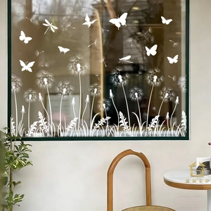 White dandelion and butterfly static window decals for glass door decoration