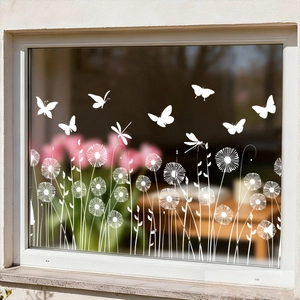 White dragonfly and dandelion static window stickers for spring glass decoration