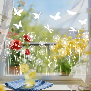 White butterfly and dandelion static glass decals for spring window shop decoration
