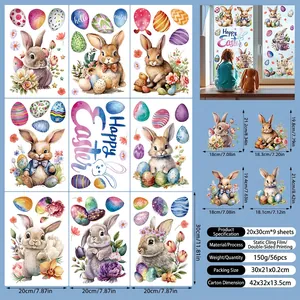 Detailed set of 9 sheets featuring Easter bunny and egg static window clings with dimensions