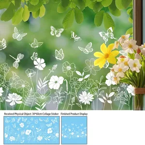 Detailed view of white floral and butterfly static window film with 30x60cm layout size