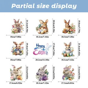 Detailed size chart for nine watercolor Easter bunny and egg window stickers