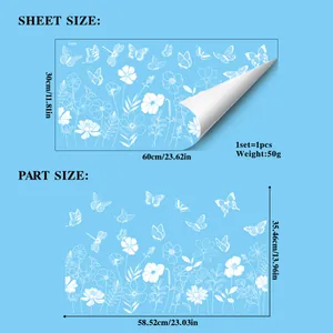 Size chart showing 60x30cm white line floral and butterfly static window cling dimensions