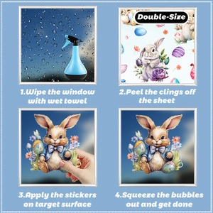 Four-step installation guide for Easter bunny window stickers showing double-sided design