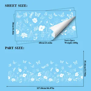 Size guide for white butterfly glass stickers showing sheet dimensions 30x60cm and set details