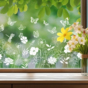 White butterfly and floral line art static window clings for home glass decoration