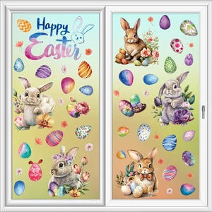 Watercolor Easter window decals featuring rabbits, eggs, and Happy Easter greeting text