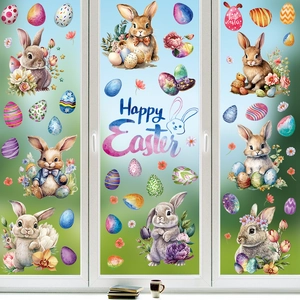 Easter bunny and colorful egg window stickers set with Happy Easter lettering
