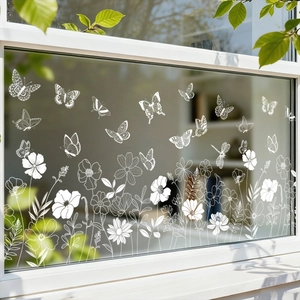 White butterfly and floral line art window decals for home glass decoration