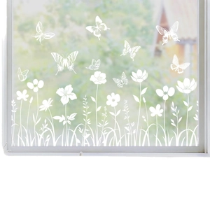 Frühlings-Fensteraufkleber mit weißen Blumen und Schmetterlingen für Glasdeko