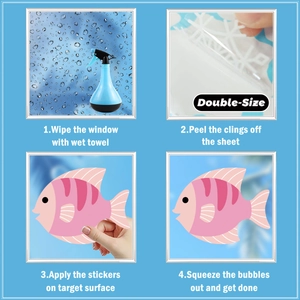 Instructional guide for double-sided dolphin glass stickers showing easy 4-step application