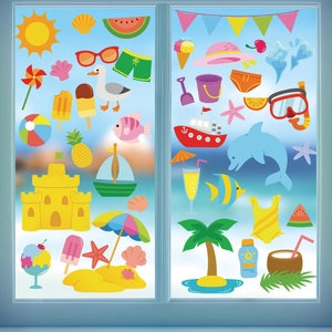 Colorful summer beach static window clings featuring cartoon dolphins and sea elements