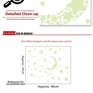 Detailed view of moon and stars glow in the dark wall stickers with 40x35cm dimensions