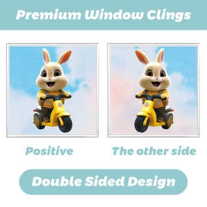 Easter double-sided window cling featuring 3D cartoon bunny on yellow scooter decoration