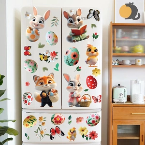 Detailed view of 3D Easter bunny and fox cartoon stickers on a white refrigerator