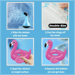 Detail guide showing double-sided flamingo window stickers application steps with spray bottle