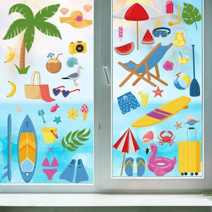 Detail of beach themed static window clings showing palm trees and flamingos on glass