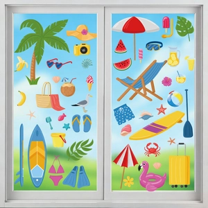 Detail showing colorful summer beach window static stickers with coconut trees and surfboards