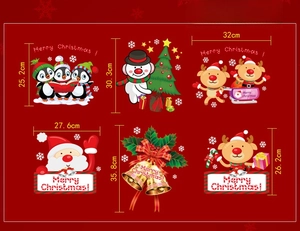 Size reference chart for colorful Christmas window decals featuring Santa and Reindeer