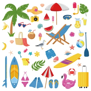Collection of summer beach theme static stickers with surfboards, palms, and umbrellas
