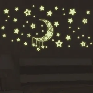 Luminous wall sticker set featuring moon and stars for glowing bedroom wall decoration