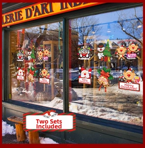 Detailed shop window view with Santa, elk and snowman PVC Christmas stickers