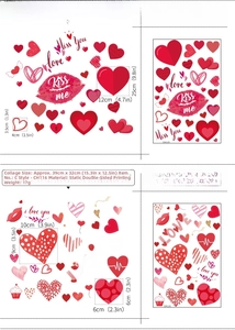 Détails des stickers vitres cœurs de Saint-Valentin roses et rouges avec dimensions et matériaux