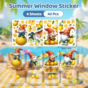 Size chart for 4-sheet summer gnome window stickers with lemon patterns in cm and inch