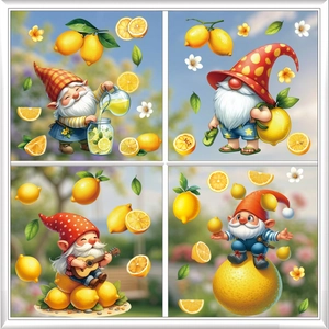 Detail of summer window stickers featuring gnomes, lemons, and vibrant garden themes