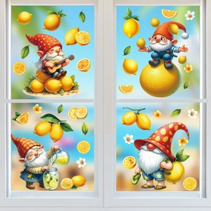 Macro detail of summer window clings featuring lemon gnomes on a white glass frame