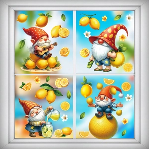 Detail of four colorful gnome and lemon glass window stickers on a white window frame