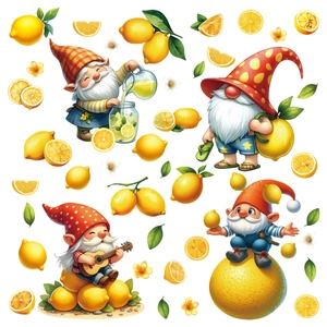 Detail of Summer Gnome window stickers featuring cartoon Gnomes and fresh lemon patterns