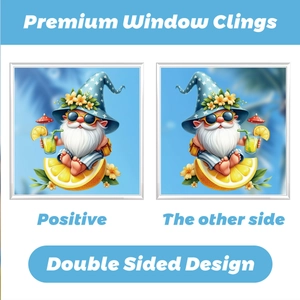 Double sided summer window clings showing colorful gnome with sunglasses and drink