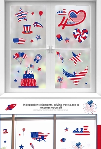 Detail of double-sided Independence Day window clings featuring stars, eagles and balloons