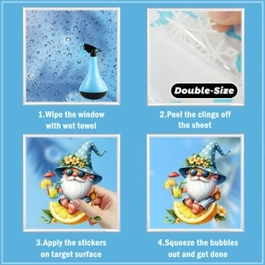 Step-by-step guide for applying double-sided summer gnome window clings on glass surface