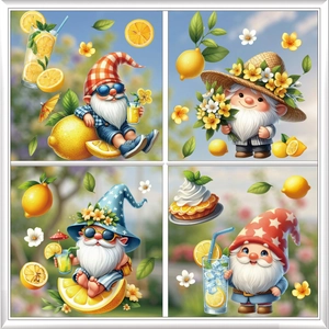 Detail of four summer lemon gnome window clings with bright yellow floral designs