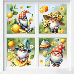 Detail of four vibrant lemon summer gnome static window clings on a window frame