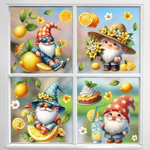 Detailed view of four summer gnomes window clings with lemon and daisy motifs on a window