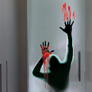 Halloween wall sticker featuring a spooky silhouette with red bloody handprints and splatters