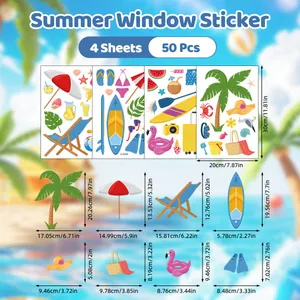 Size chart for summer window stickers showing palm trees and beach motifs on 4 sheets