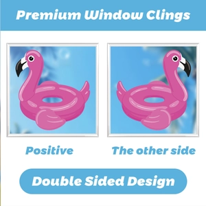 Detailed view of pink flamingo window clings showing double-sided design for summer