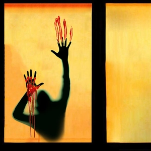 Halloween wall sticker with creepy black silhouette and dripping red bloody handprints
